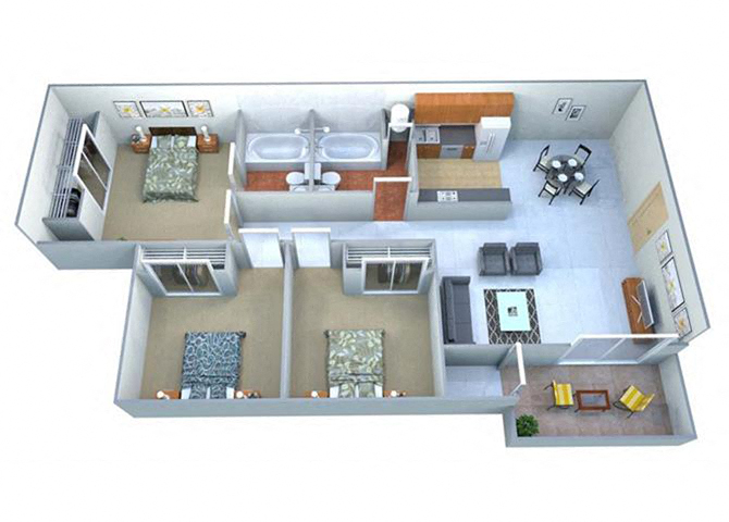 Floor plan for 3 beds, 2 baths, 990 sqft