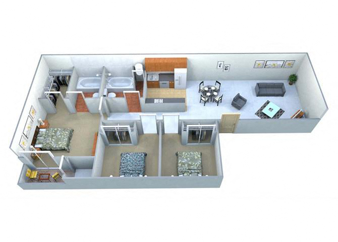 Floor plan for 3 beds, 2 baths, 992 sqft