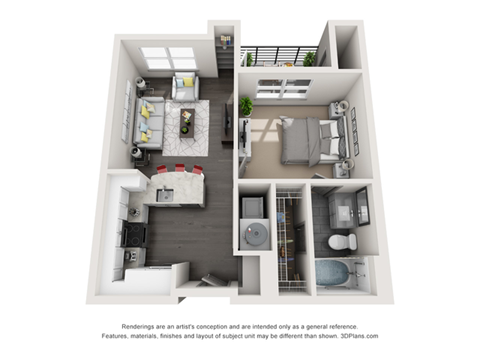 Floor plan for 1 bed, 1 bath, 609 sqft