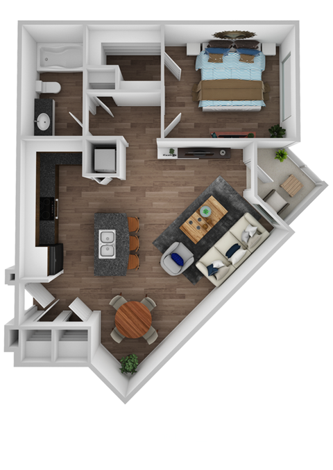 Floor plan for 1 bed, 1 bath, 727 sqft