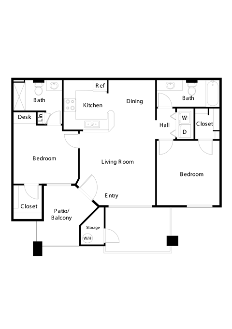 Floor plan for 2 beds, 2 baths, 918 sqft