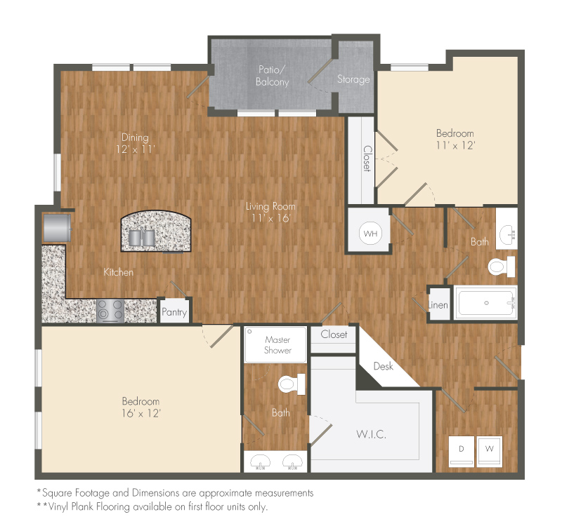 Floor plan for 2 beds, 2 baths, 1297 sqft