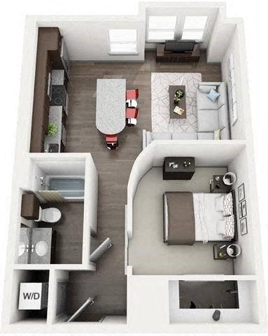 Floor plan for 1 bed, 1 bath, 597 sqft
