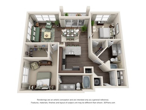 Floor plan for 2 beds, 2 baths, 1133 sqft