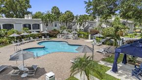 Boca Raton apartment for rent - A pool surrounded by chairs and landscaping.