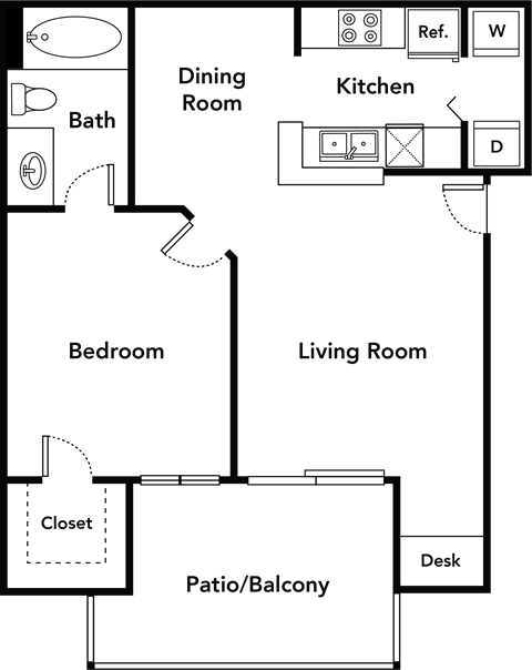 Floor plan for 1 bed, 1 bath, 769 sqft