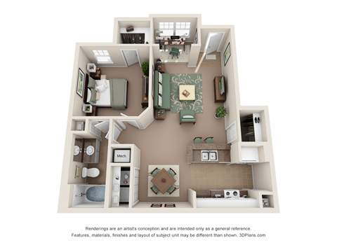 Floor plan for 1 bed, 1 bath, 797 sqft