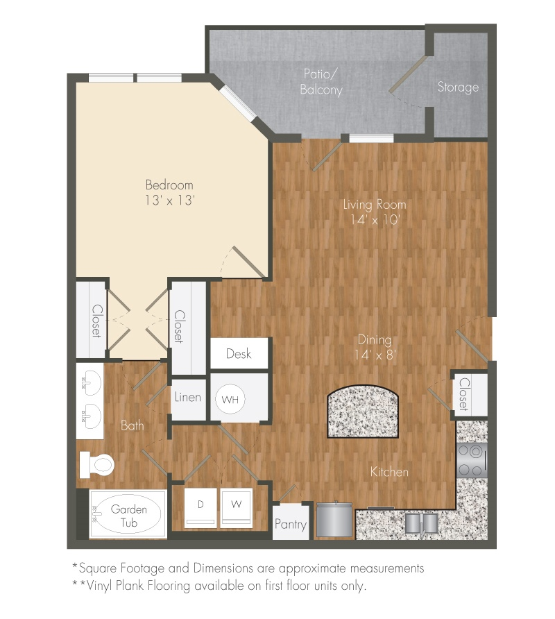 Floor plan for 1 bed, 1 bath, 866 sqft
