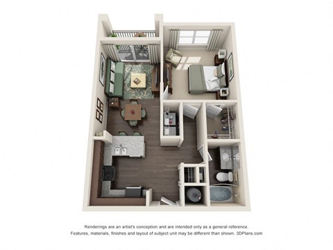 Floor plan for 1 bed, 1 bath, 709 sqft