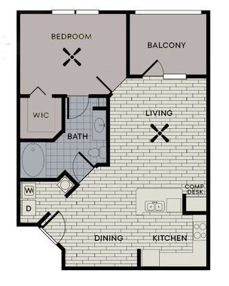 Floor plan for 1 bed, 1 bath, 785 sqft