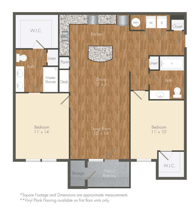 Floor plan for 2 beds, 2 baths, 1163 sqft