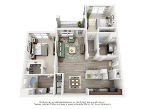 Floor plan for 2 beds, 2 baths, 1167 sqft