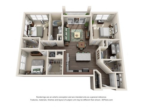 Floor plan for 3 beds, 2 baths, 1279 sqft