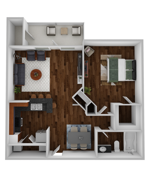 Floor plan for 1 bed, 1 bath, 765 sqft