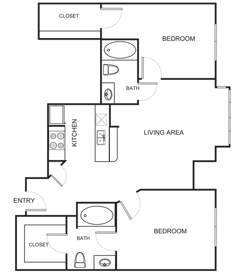 Floor plan for 2 beds, 2 baths, 1148 sqft