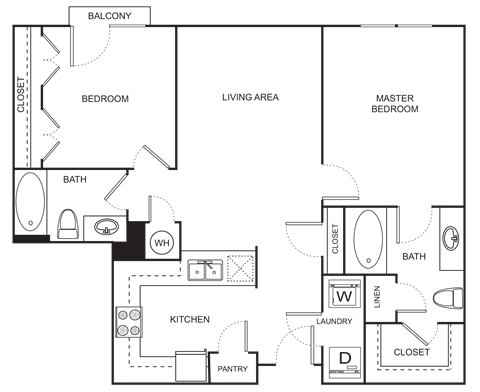 Floor plan for 2 beds, 2 baths, 984 sqft