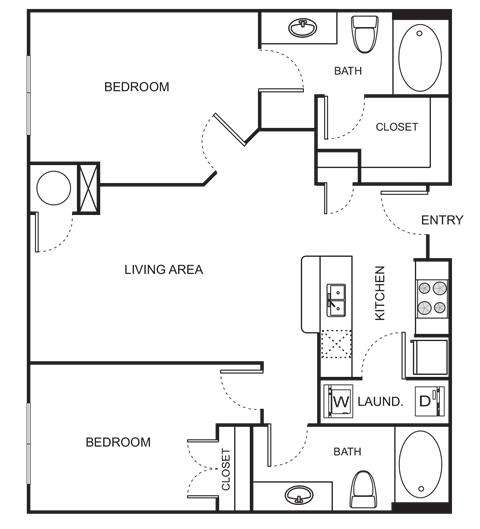 Floor plan for 2 beds, 2 baths, 1040 sqft