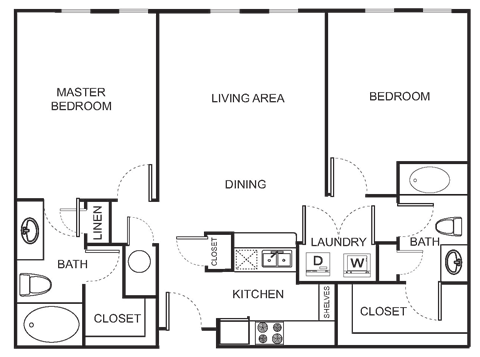 Floor plan for 2 beds, 2 baths, 1160 sqft