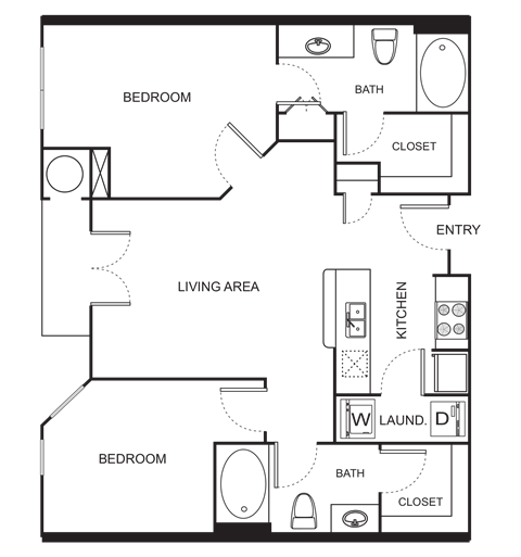 Floor plan for 2 beds, 2 baths, 1000 sqft