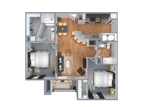 Floor plan for 2 beds, 2 baths, 1051 sqft