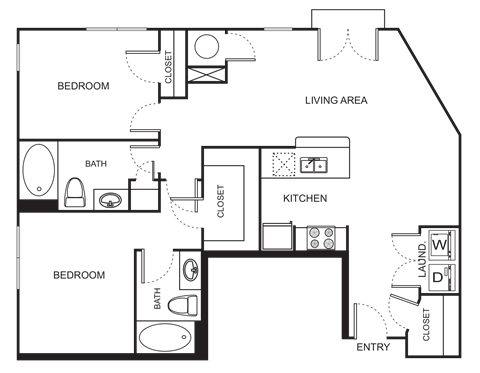 Floor plan for 2 beds, 2 baths, 1002 sqft