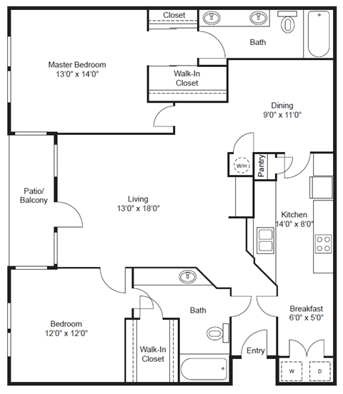 Floor plan for 2 beds, 2 baths, 1325 sqft
