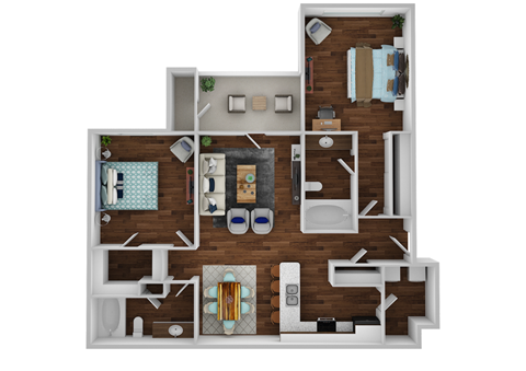 Floor plan for 2 beds, 2 baths, 1035 sqft