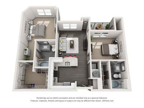 Floor plan for 2 beds, 2 baths, 1055 sqft