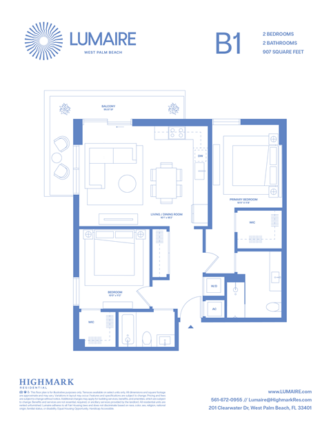 Floor plan for 2 beds, 2 baths, 907 sqft