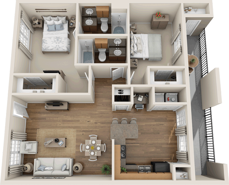 Floor plan for 2 beds, 2 baths, 1000 sqft