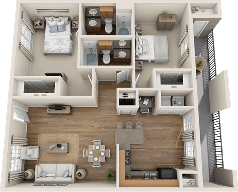 Floor plan for 2 beds, 2 baths, 1000 sqft