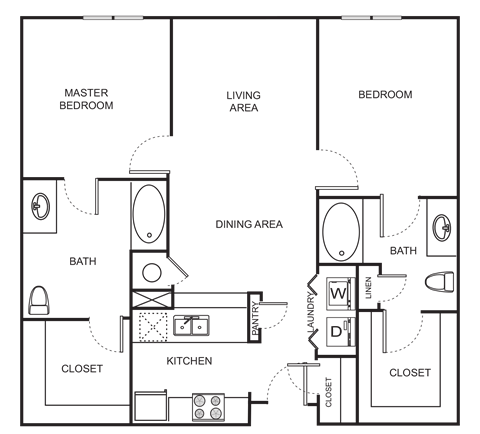 Floor plan for 2 beds, 2 baths, 1070 sqft