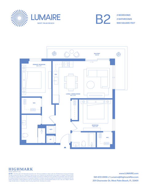 Floor plan for 2 beds, 2 baths, 908 sqft
