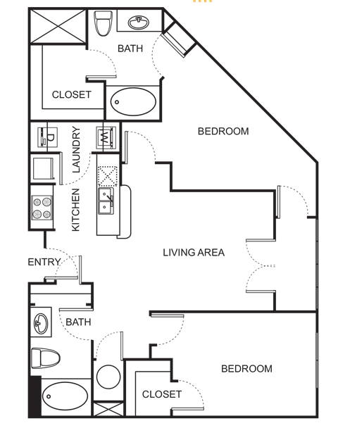 Floor plan for 2 beds, 2 baths, 1031 sqft