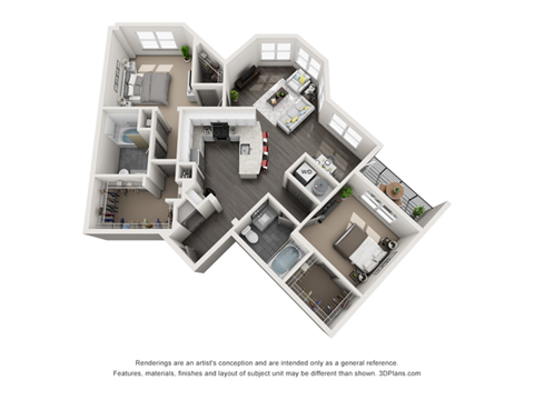 Floor plan for 2 beds, 2 baths, 1278 sqft