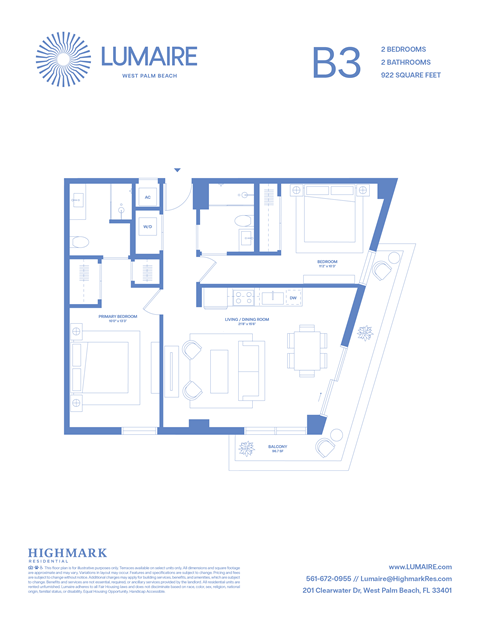 Floor plan for 2 beds, 2 baths, 922 sqft