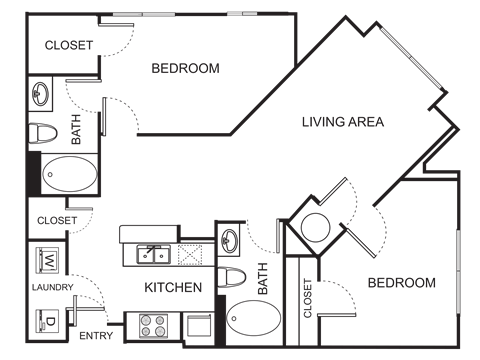 Floor plan for 2 beds, 2 baths, 1038 sqft