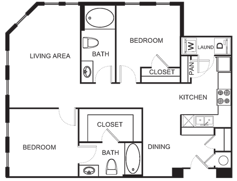 Floor plan for 2 beds, 2 baths, 1049 sqft