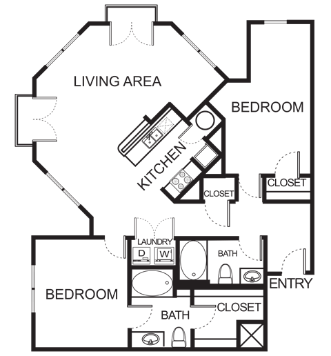 Floor plan for 2 beds, 2 baths, 1300 sqft