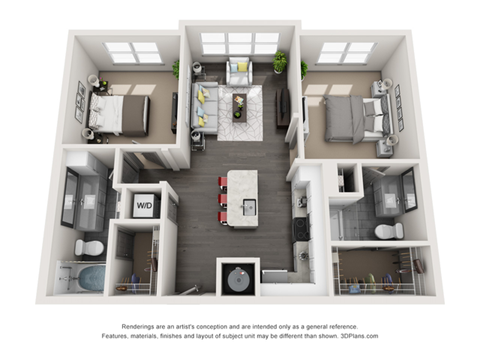 Floor plan for 2 beds, 2 baths, 969 sqft