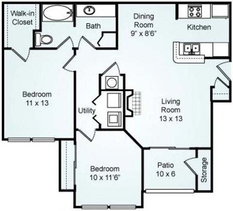 Floor plan for 2 beds, 1 bath, 965 sqft