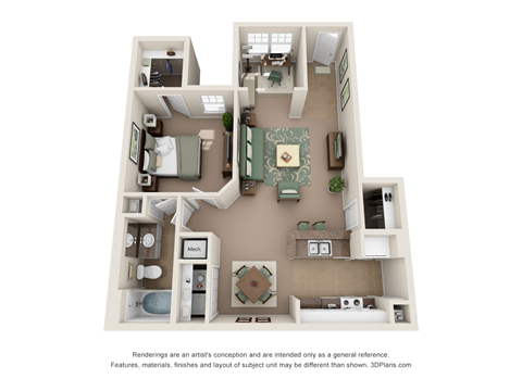 Floor plan for 1 bed, 1 bath, 857 sqft