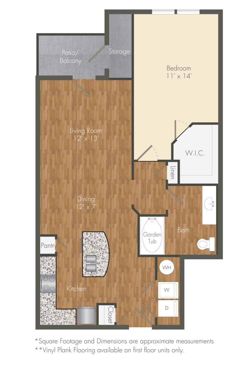 Floor plan for 1 bed, 1 bath, 909 sqft