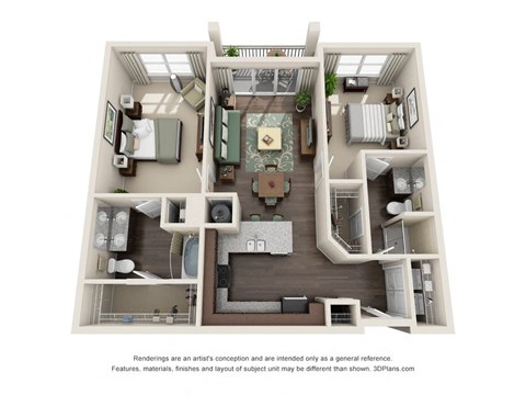 Floor plan for 2 beds, 2 baths, 1085 sqft