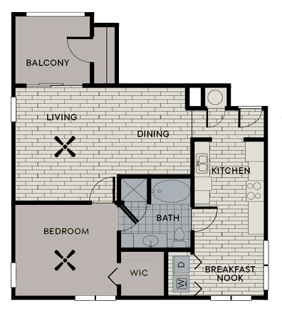 Floor plan for 1 bed, 1 bath, 865 sqft