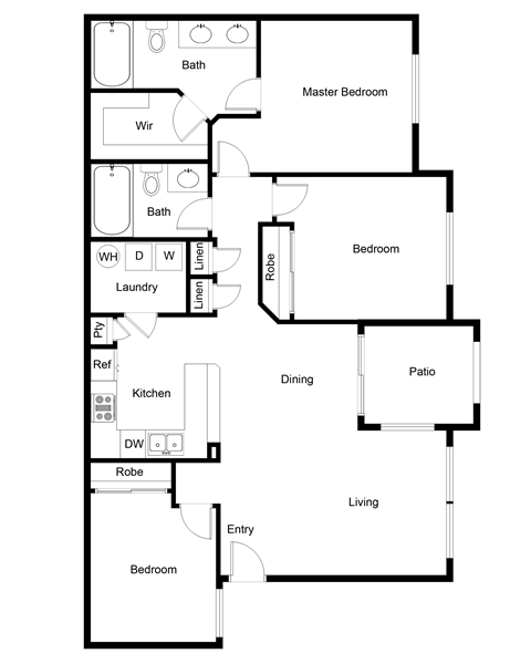 Floor plan for 3 beds, 2 baths, 1138 sqft