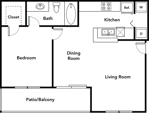 Floor plan for 1 bed, 1 bath, 871 sqft