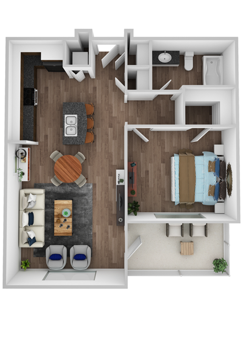 Floor plan for 1 bed, 1 bath, 742 sqft
