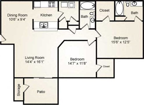 Floor plan for 2 beds, 2 baths, 1157 sqft