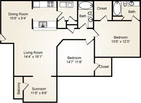 Floor plan for 2 beds, 2 baths, 1253 sqft